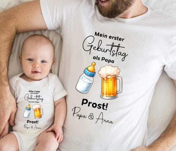 Erster Geburtstag als Papa:Matching Outfit.Partnerlook Vater und Baby.Geburtstag Geschenk Papa.Prost Papa.Happy Birthday Geschenkidee. – Bild 2