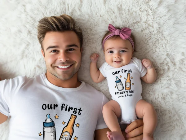 Erstes Vatertags Set personalisiert–Vater & Baby Partnerlook mit Name und Wunschtext.Personalisierte Geschenk Idee–Vater und Baby Outfit. – Bild 2