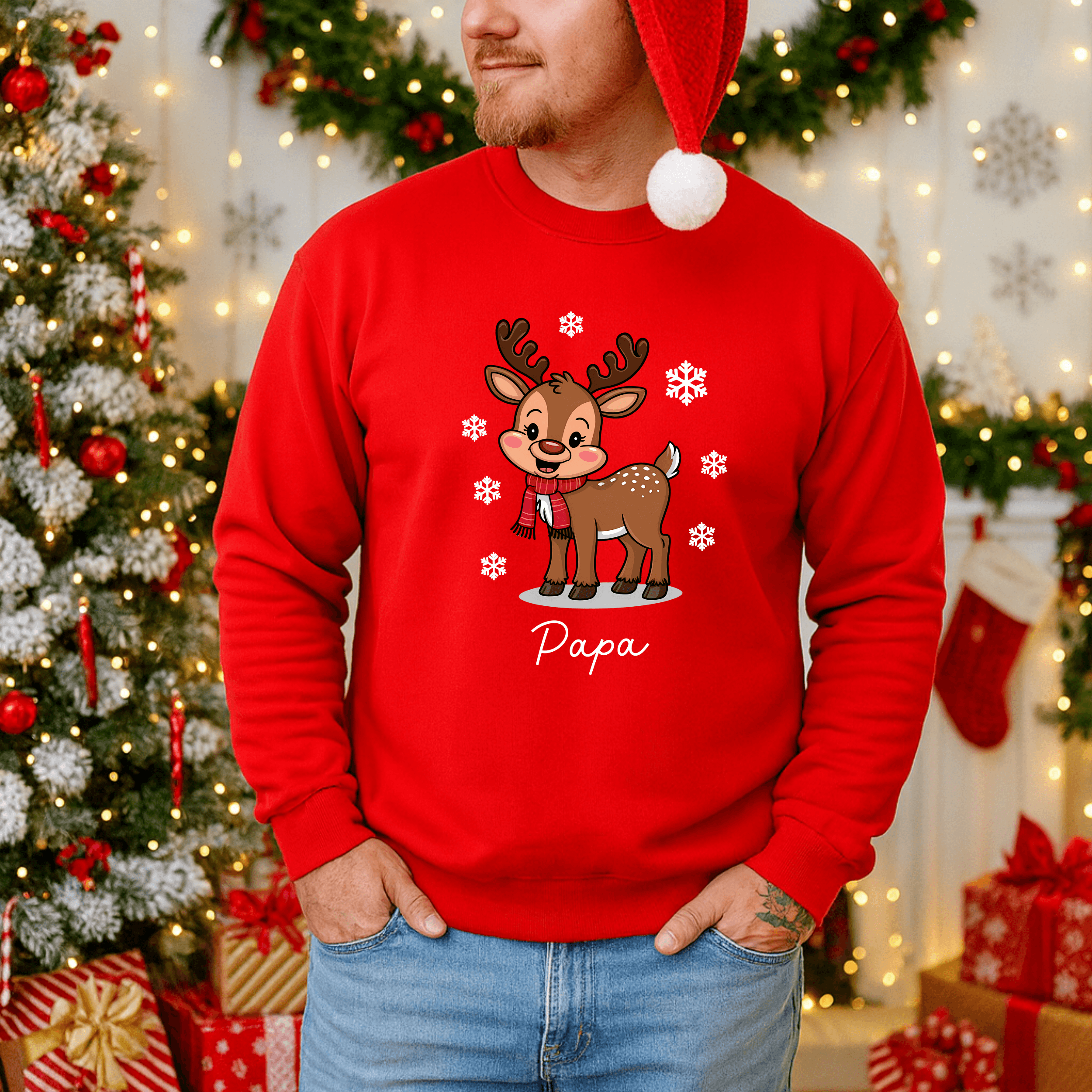Familien Weihnachts Sweatshirt Rot mit Rentier – personalisiert mit Namen: Mama, Papa, Wunschname – Matching Family Xmas Pulli, Geschenk Set – Bild 7