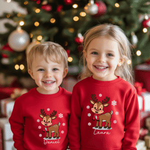 Familien Weihnachts Sweatshirt Rot mit Rentier – personalisiert mit Namen: Mama, Papa, Wunschname – Matching Family Xmas Pulli, Geschenk Set