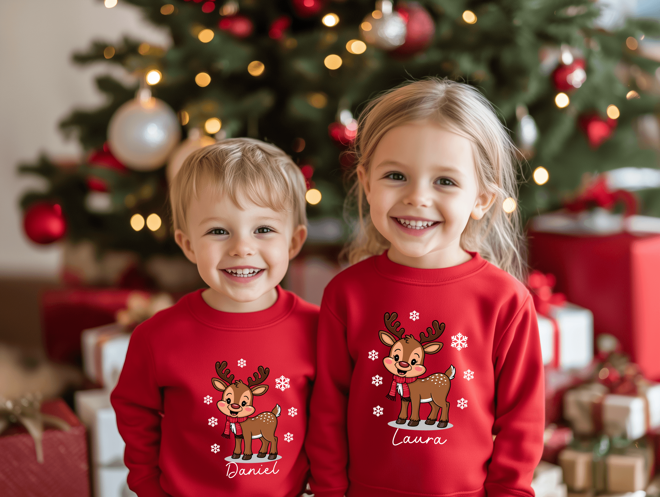 Familien Weihnachts Sweatshirt Rot mit Rentier – personalisiert mit Namen: Mama, Papa, Wunschname – Matching Family Xmas Pulli, Geschenk Set