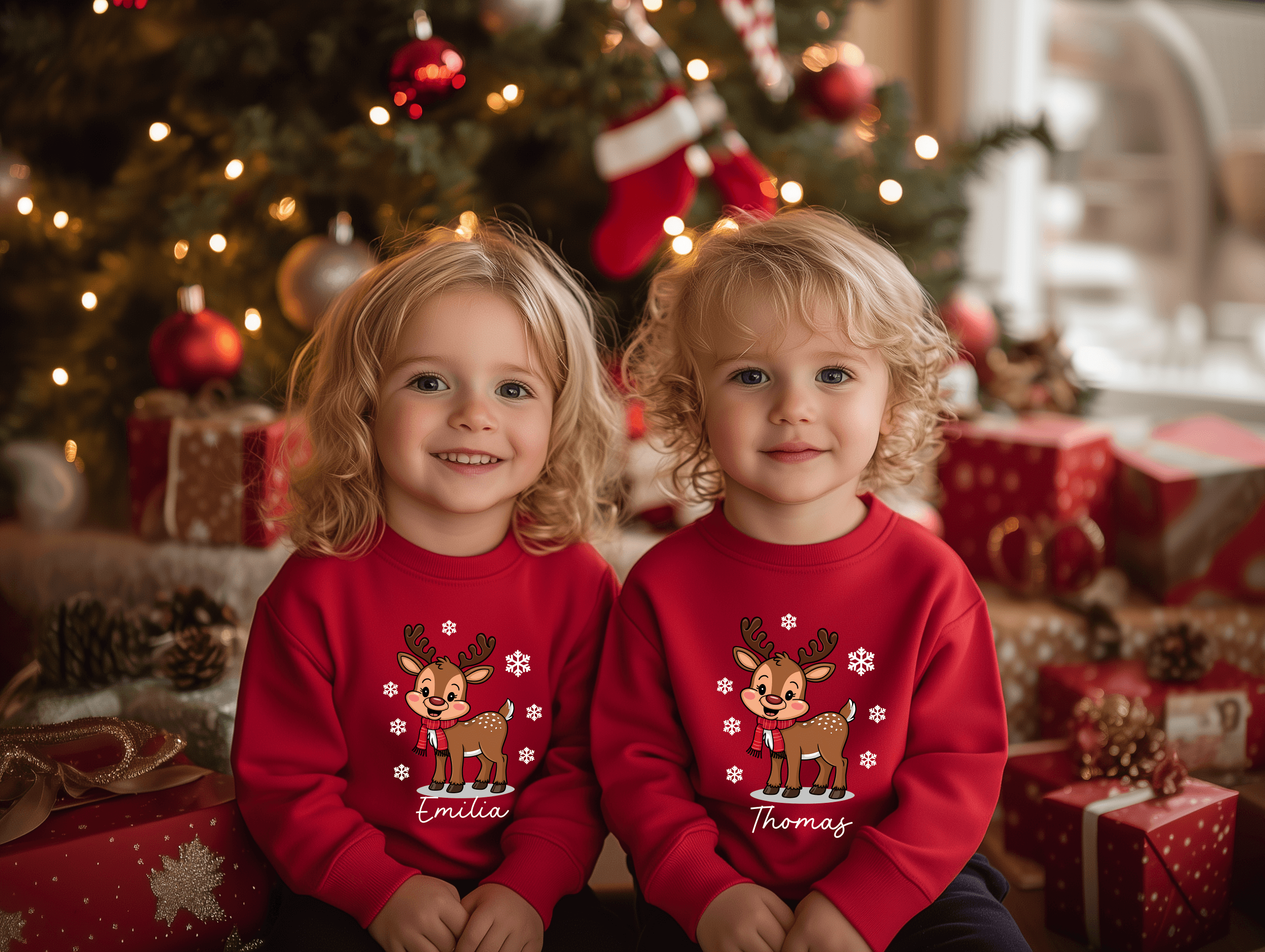 Familien Weihnachts Sweatshirt Rot mit Rentier – personalisiert mit Namen: Mama, Papa, Wunschname – Matching Family Xmas Pulli, Geschenk Set – Bild 5