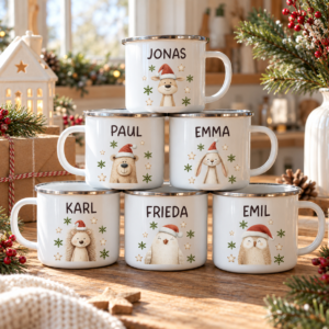 Weihnachtstasse personalisiert mit Name – Emaillebecher Kinder – Weihnachtsbecher mit Tiermotiv – Geschenk Weihnachten