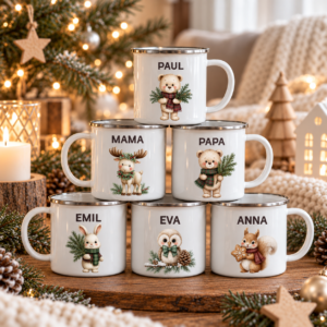 Nikolaus Geschenk personalisiert mit Name, Emaillebecher Weihnachten Kinder, Weihnachtsbecher, Nikolausbecher, Geschenk für Kinder
