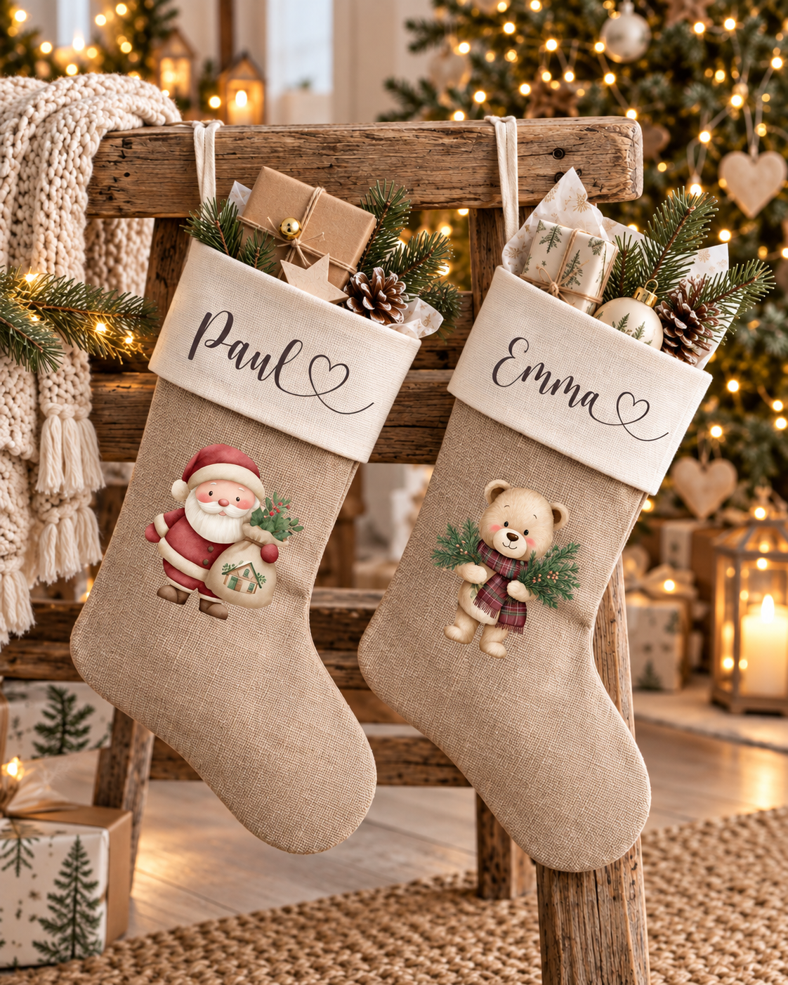 Weihnachtsstrumpf personalisiert mit Name, Nikolausstiefel aus Jute, Weihnachtsstrumpf Kinder, Nikolaus Geschenk, Weihnachtsdeko