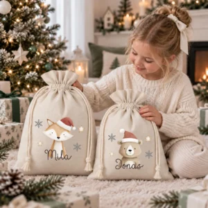 Personalisierter Weihnachtssack mit Name – Geschenkesack Kinder mit Waldtieren – Nikolaussack Weihnachten – Weihnachtsgeschenk Kinder
